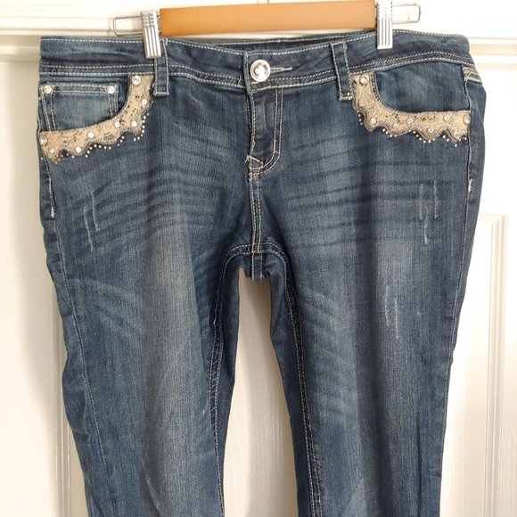 Grace In LA Midrise Straight Leg Lace Blingy Crystals Pocket Flaps 31 - Picture 3 of 16